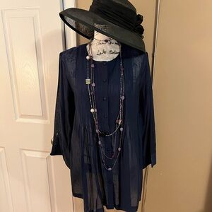 Lafayette 148 Voile Pleated Button Front Top 3/4 Sleeve Cotton Silk -Navy 12